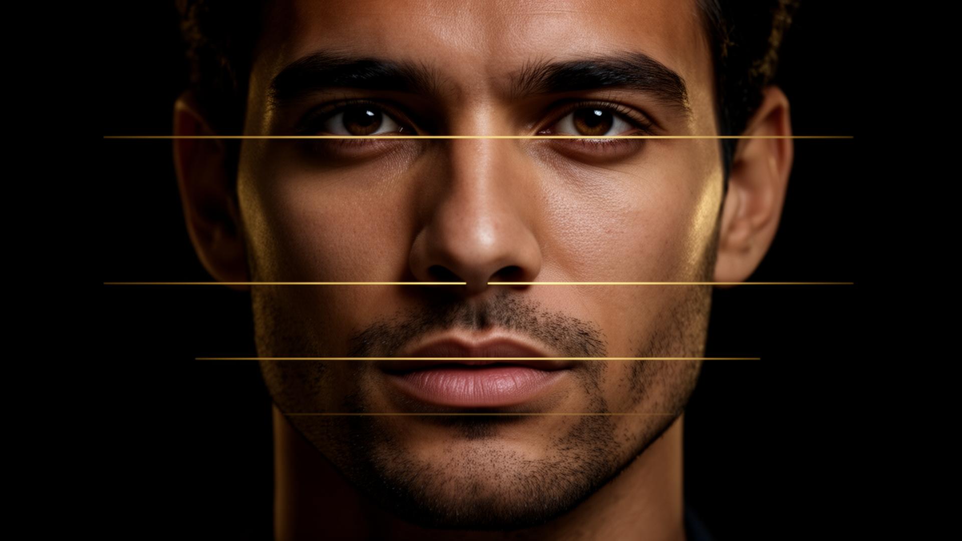 Midface ratio diagram on a male face — illustration of the vertical distance between pupils and upper lip and how midface length shapes PSL ratings