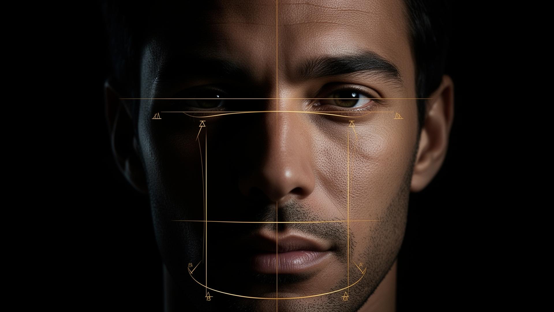 Cinematic close-up of a male face in low-key lighting with gold diagram lines marking the eye line, gonial angle, and midface axis — visualizing weighted PSL rating categories